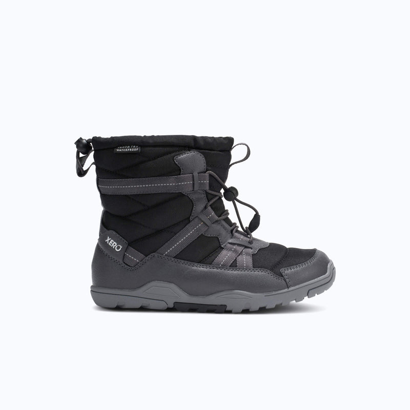 Xero Shoes Alpine Pull-On Big Kids Boots in Black and Gray with Toe Facing Right
