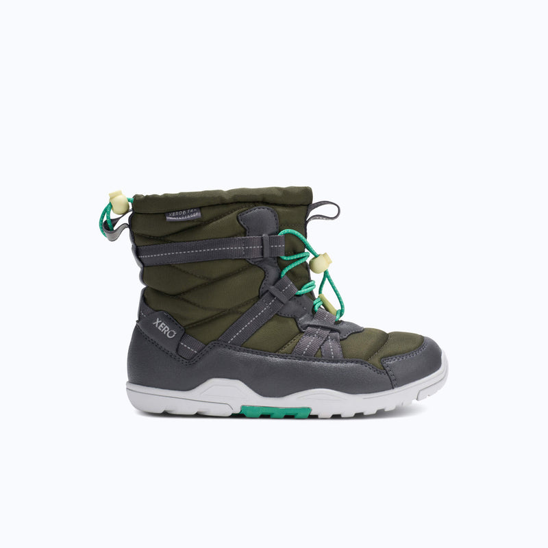 Xero Shoes Alpine Pull-On Big Kids Boots in Army Green and Gray with Toe Facing Right