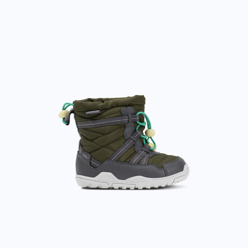 Xero Shoes Alpine Pull-On Little Kids Boots in Army Green and Gray with Toe Facing Right