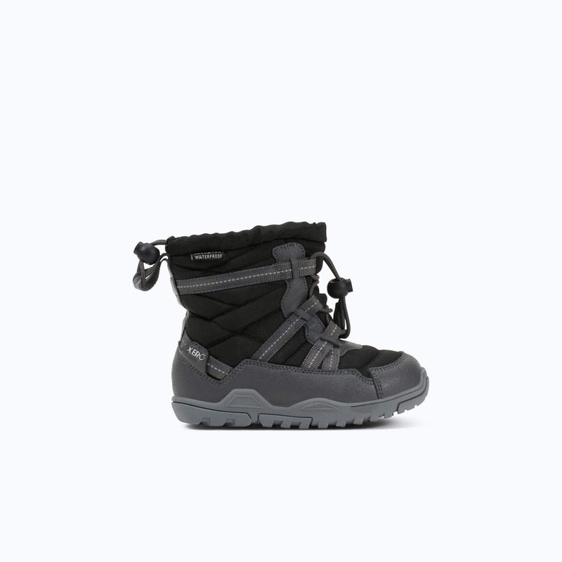 Xero Shoes Alpine Pull-On Little Kids Boots in Black and Gray with Toe Facing Right