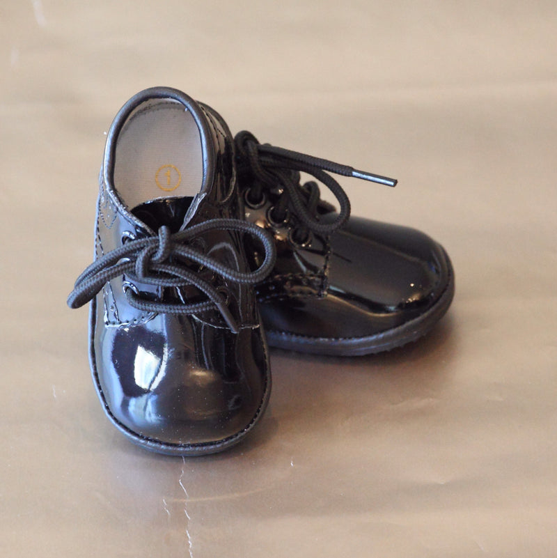 Angel Baby Boys Patent Black Classic Leather Lace Ups