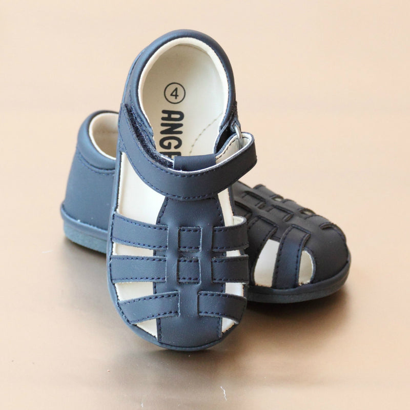 Angel Baby Boys Navy Leather Lattice Fisherman Sandal