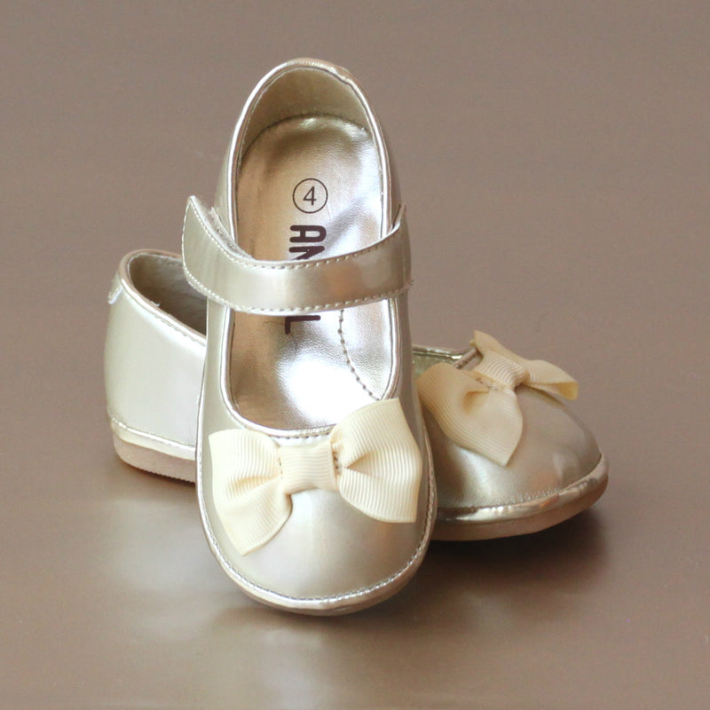 Angel Baby Girls Gold Grosgrain Bow Mary Jane
