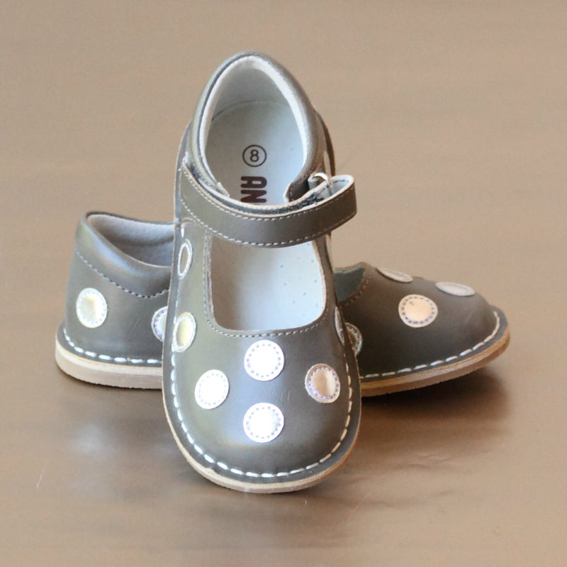 Angel Girls Silver Leather Polka Dot Gray Mary Jane