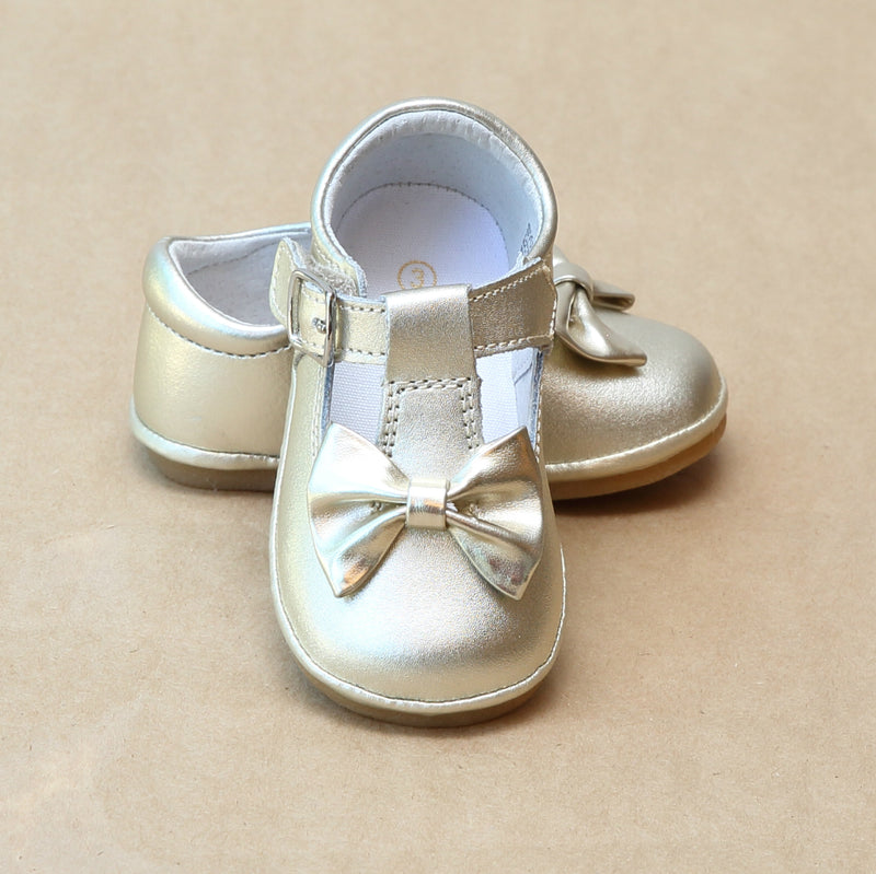 Angel Baby Girls Gold Leather Minnie Bow T-Strap Mary Jane - Petitfoot.com
