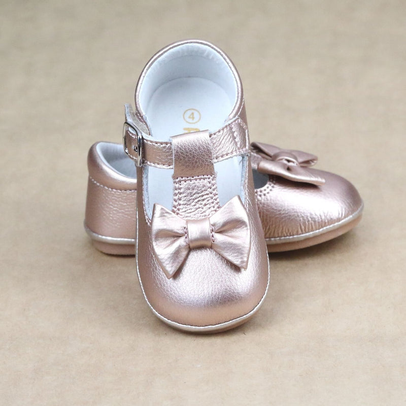 Angel Baby Girls Rosegold Leather Minnie Bow T-Strap Mary Jane - Petitfoot.com