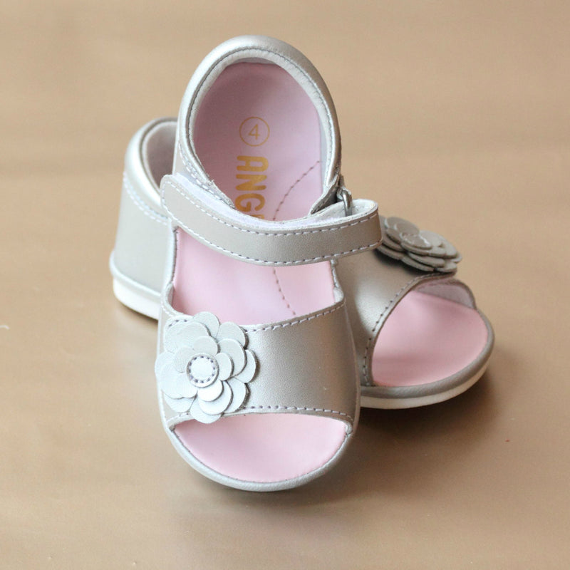 Angel Baby Girls Silver Open Toe Leather Flower Sandal