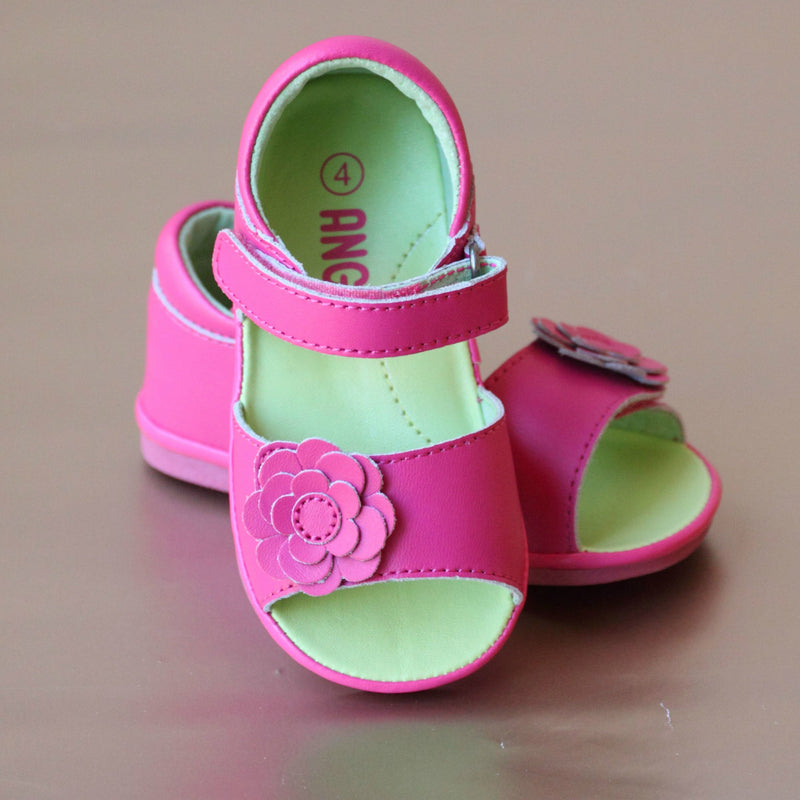 Angel Baby Girls Fuchsia Open Toe Leather Flower Sandal