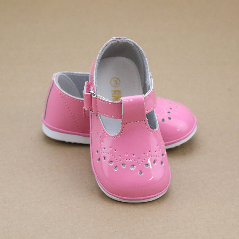 Birdie Patent Malibu Pink Leather T-Strap Stitched Mary Jane (Baby) - Angel Baby Shoes