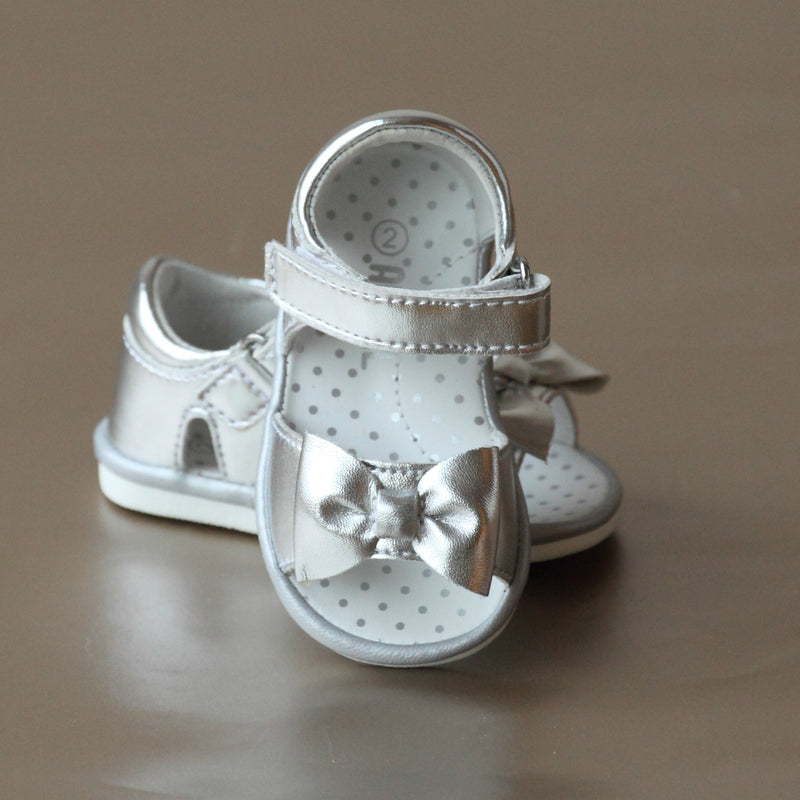 Angel Baby Girls Pretty Bow Silver Leather Open Toe Sandal