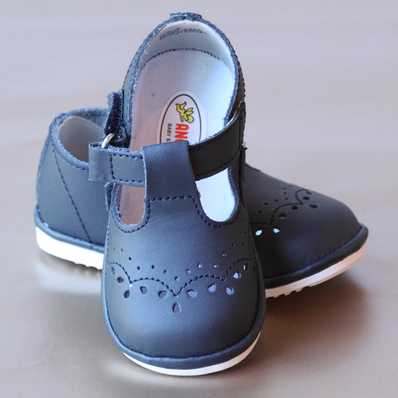 Angel Baby Girls T-Strap Navy Leather Mary Janes