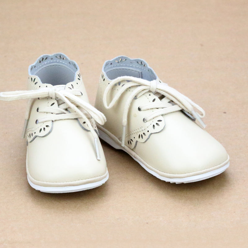 Bella Baby Girls Vintage Oatmeal Scalloped Leather Bootie - Vintage Inspired