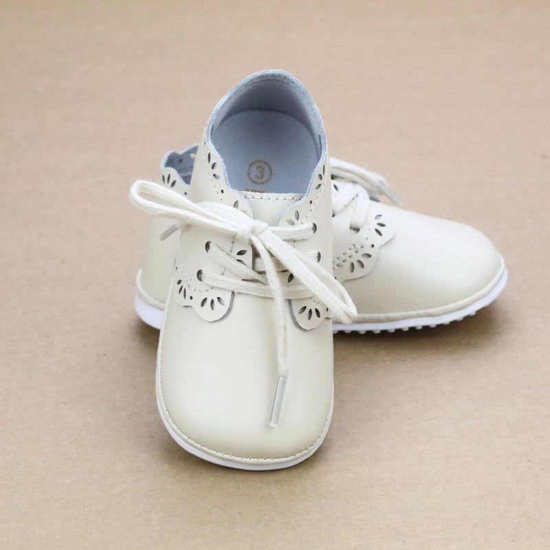 Bella Baby Girls Vintage Oatmeal Scalloped Leather Bootie - Vintage Inspired