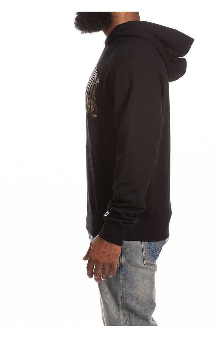 Left Side View of the Billionaire Boys Club BB Camo Hoodie in Black