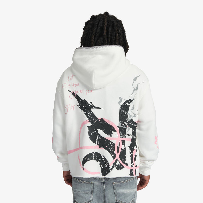 "BLADE" RAW HEM HOODIE (WHITE)