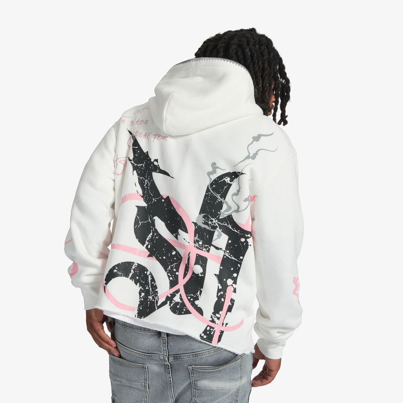 "BLADE" RAW HEM HOODIE (WHITE)