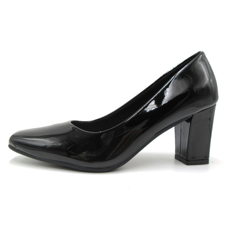 Black patent leather high heel shoe on a white background