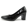 Black patent leather high heel shoe on a white background