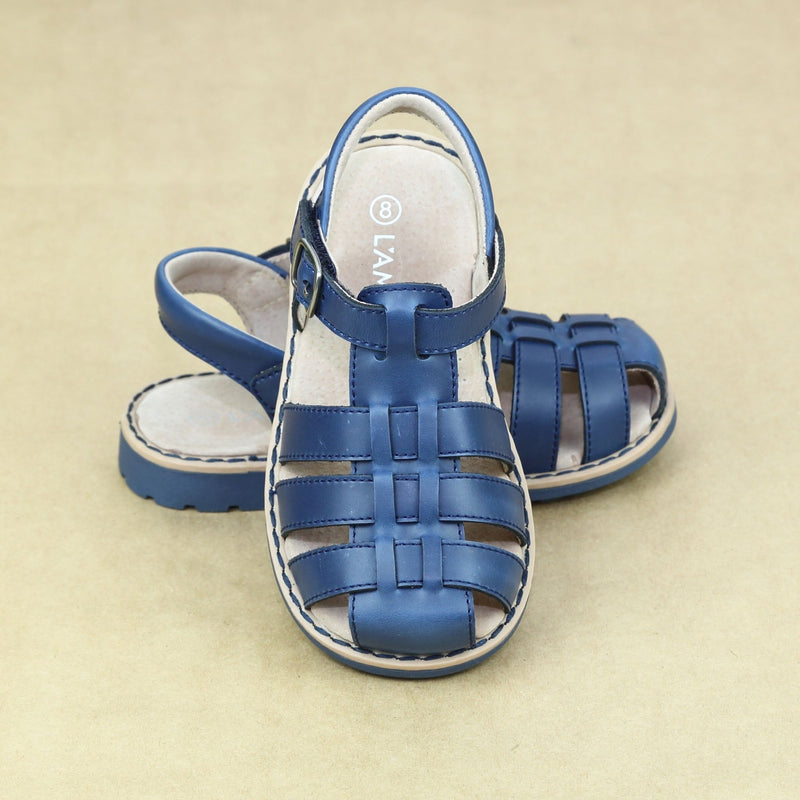 Boys Emerson Navy Classic Leather Fisherman Sandal - Petitfoot.com