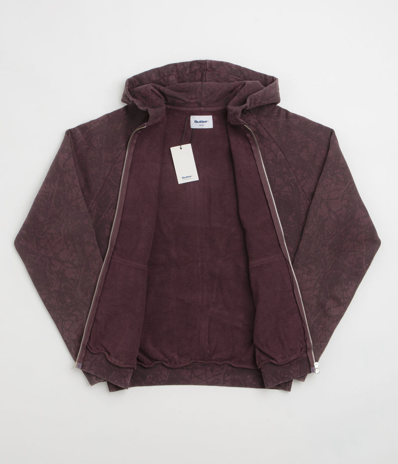 Butter Goods Woods Camo Zip-Thru Hoodie in Washed Burgundy