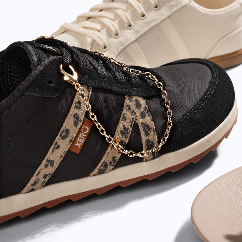 Xero Shoes Gold Chain Shoe Charm in a Leopard print Wynn Sneaker with Toe Facing Right