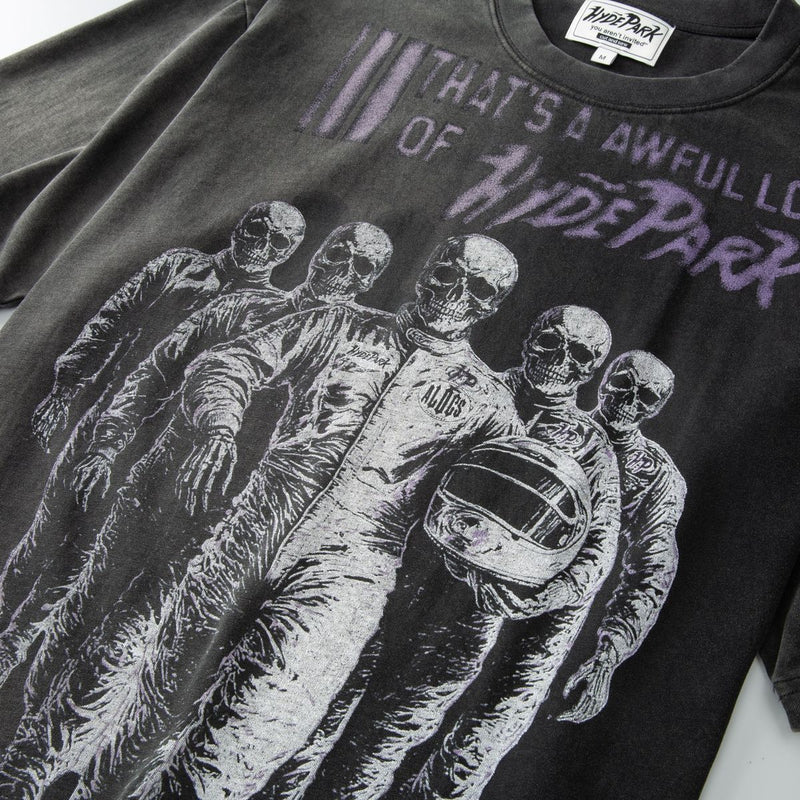 Close Up Graphic View of the Awful Lot Of Cough Syrup x Hyde Park Moto Racer Team T-Shirt in Black