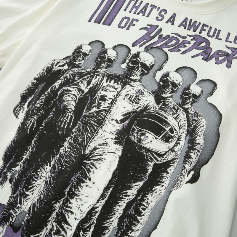 Close Up Graphic View of the Awful Lot Of Cough Syrup x Hyde Park Moto Racer Team T-Shirt in White