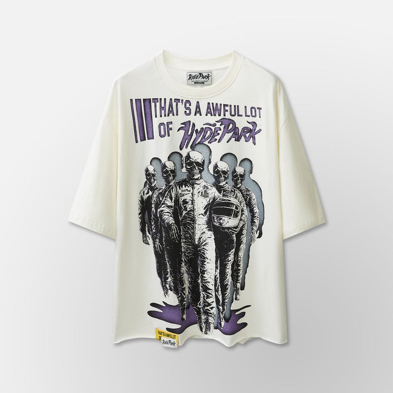 Front Studio View of the Awful Lot Of Cough Syrup x Hyde Park Moto Racer Team T-Shirt in White