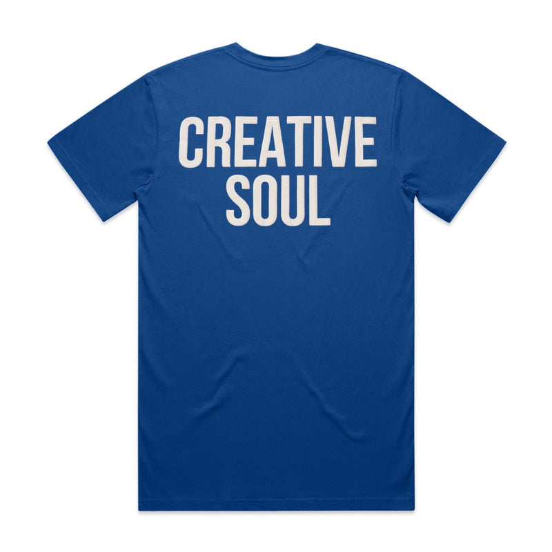 Back View of the Creative Soul Stacked Logo T-Shirt in Blue
