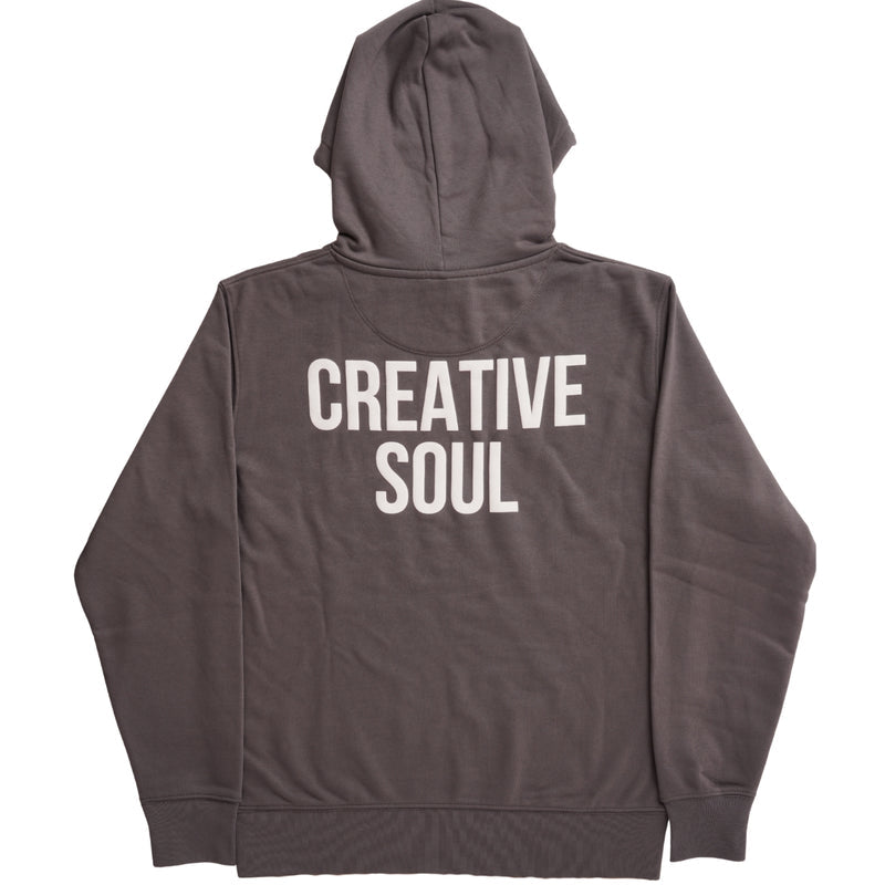 Back View of the Creative Soul Stacked Logo Zip-Up Hoodie in Grey