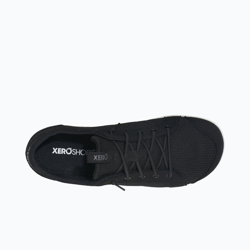 Top View of Xero Shoes Dillon Knit Big Kids Sneaker at Black with Toe Facing Right