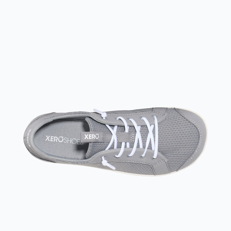 Top View of Xero Shoes Dillon Knit Big Kids Sneaker at Light Gray with Toe Facing Right