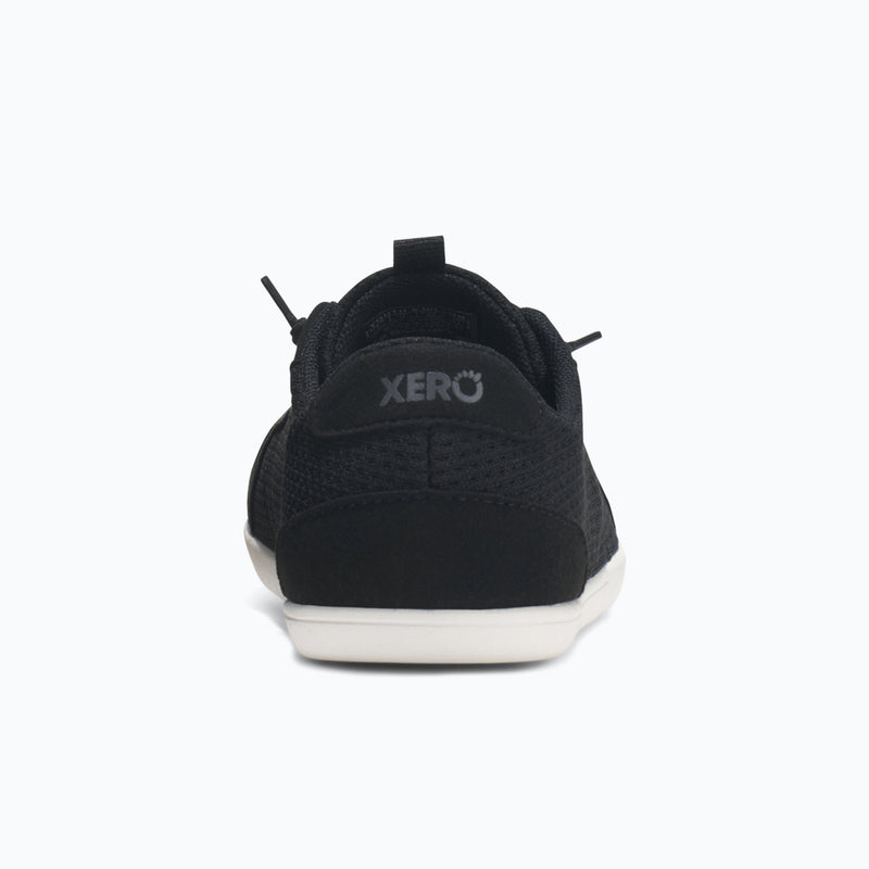 Rear View of Xero Shoes Dillon Knit Big Kids Sneaker at Black and White