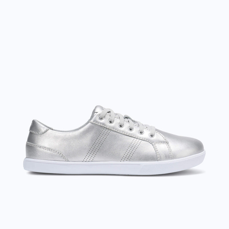 Xero Shoes Dillon Leather Women Shoe in Silver with Toe Facing Right