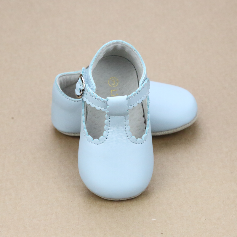 Elodie Infant Girls Scalloped Light Blue Napa Leather T-Strap Crib Mary Jane