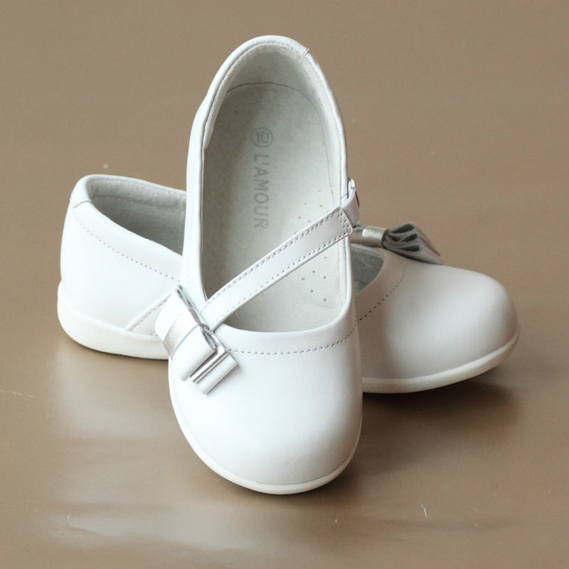 L'Amour Girls White Candy Ribbon Leather Mary Jane