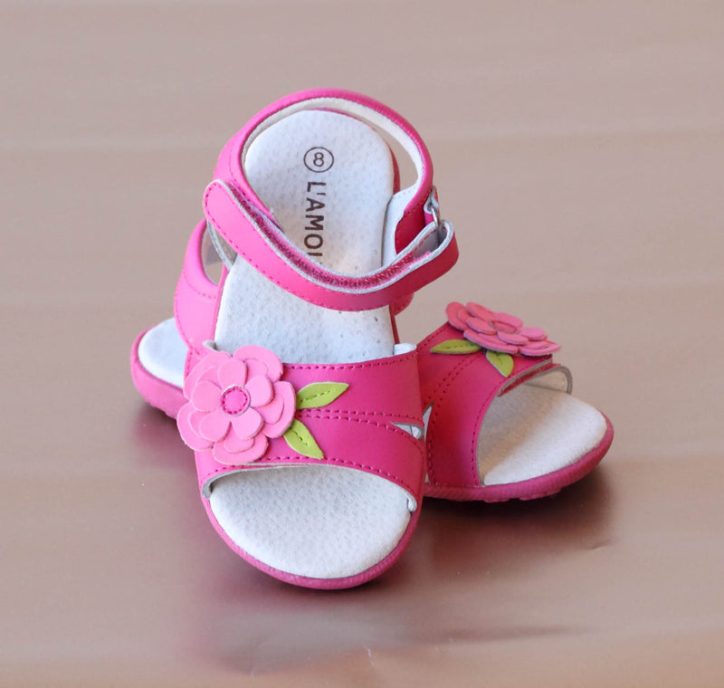 L'Amour Girls Fuchsia Layered Petal Flower Sandal with Leaf Accent