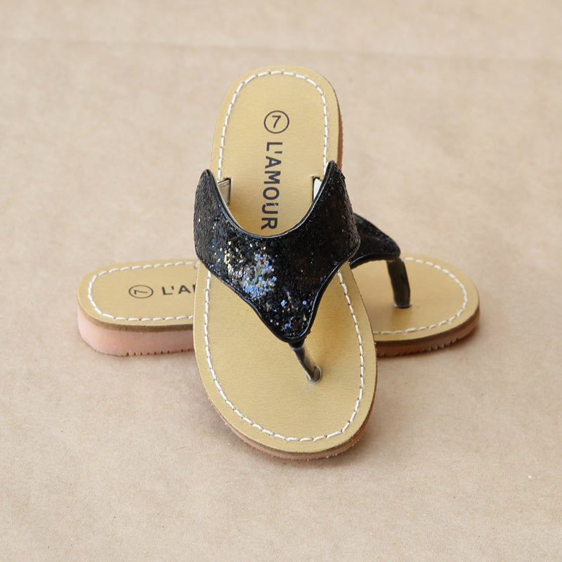 L'Amour Girls Black Glitter Thong Sandal - Petitfoot.com
