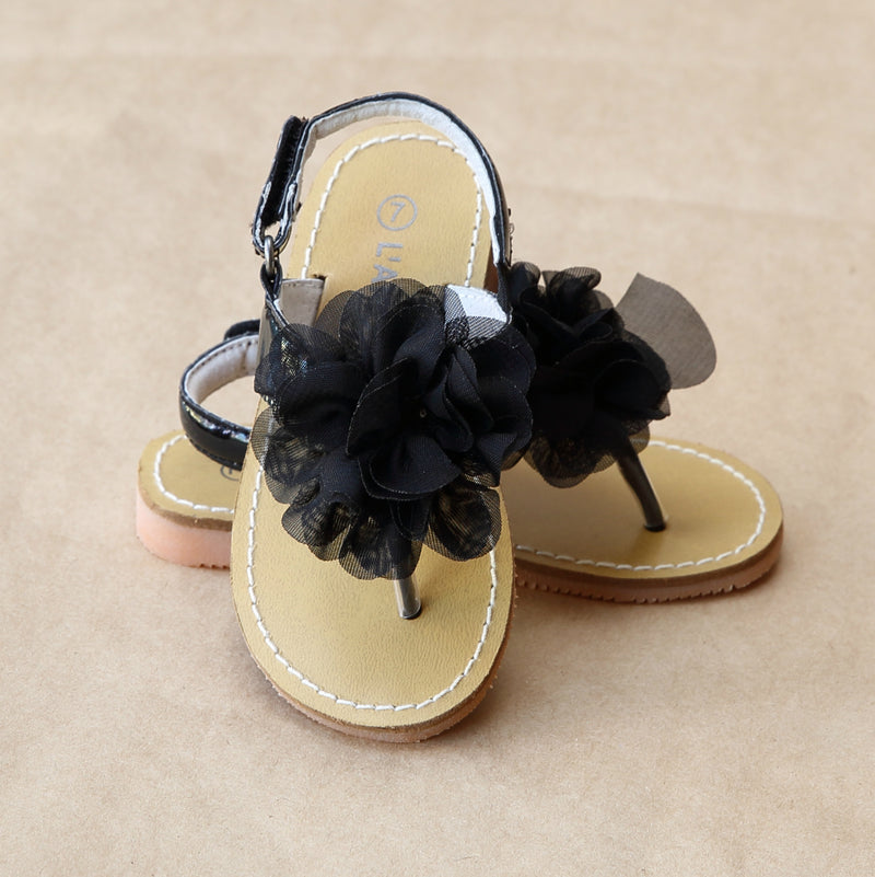 L'Amour Girls Patent Black Organza Flower Thong - Petitfoot.com