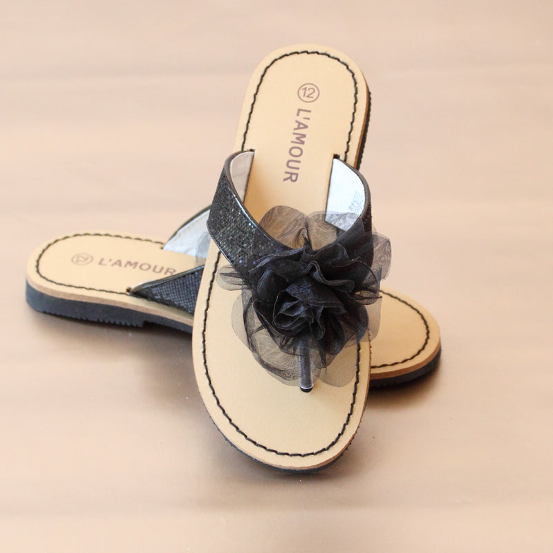 L'Amour Girls Black Sequin Thong with Organza Flower