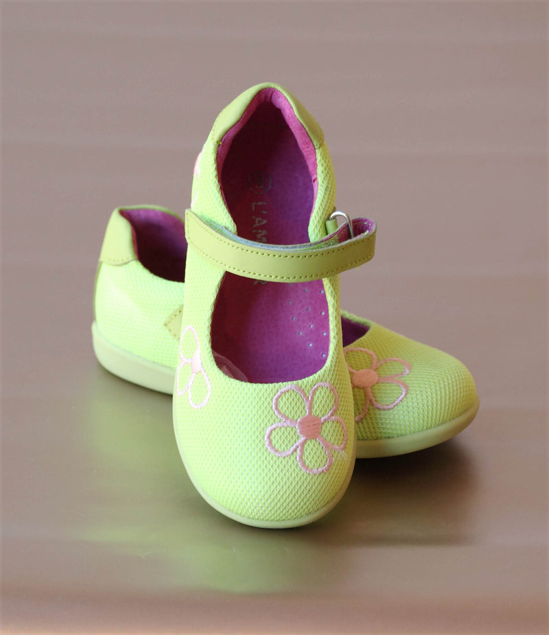 L'Amour Girls Lime Sporty Mesh Embroidered Mary Jane
