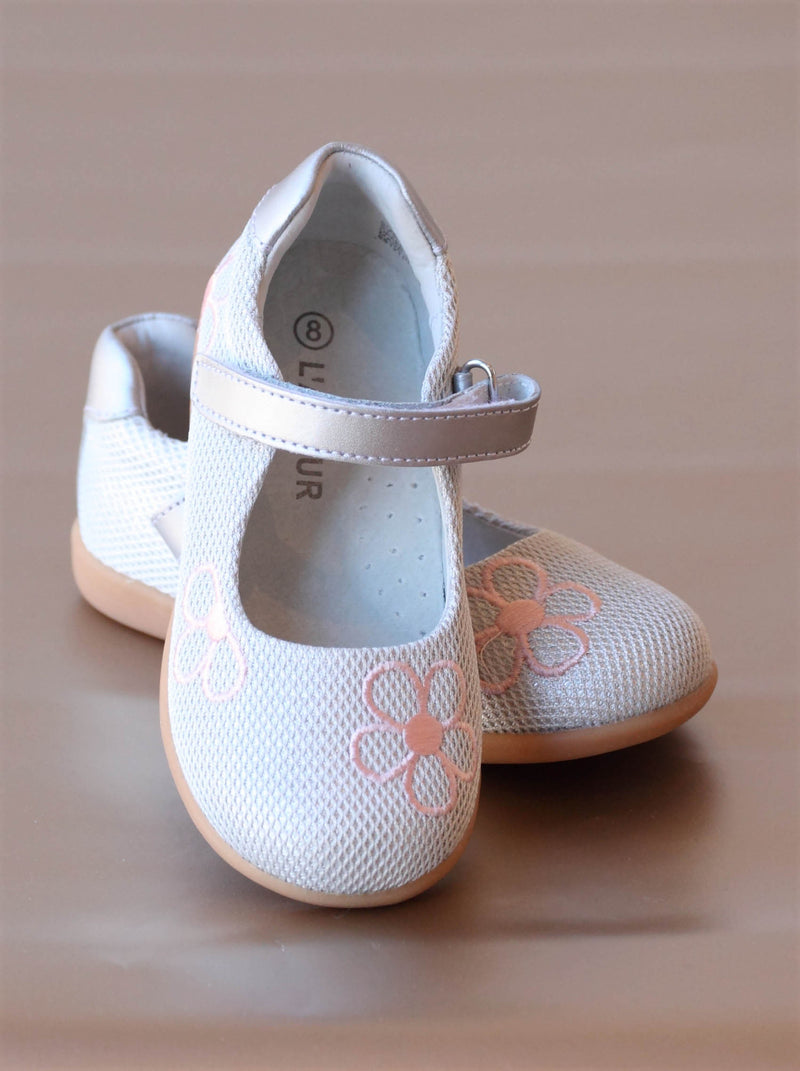 L'Amour Girls Gray Sporty Mesh Embroidered Mary Jane