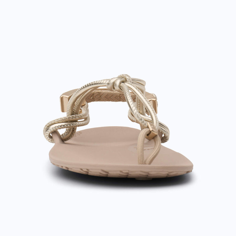 Xero Shoes Genesis Leather Women Sandal in Beige with Gold Strap and with Toe Facing Front
