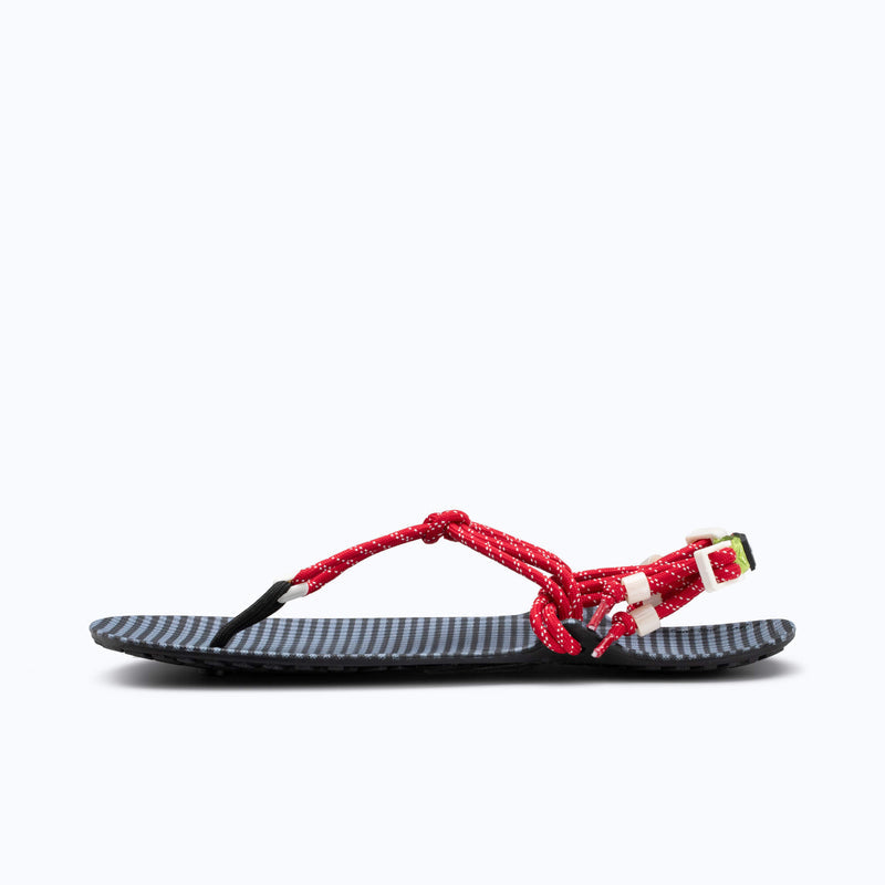 Xero Shoes x J.Crew Genesis Women Sandal in Black and Blue Checkered With Red Rope Strap, Toe Facing Left