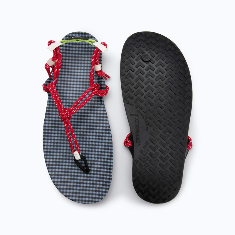 Xero Shoes Genesis x J. Crew Women Sandal in Black and Blue Gingham Pattern with Red Strap Top View, One Facing Down, One Outsole Visible