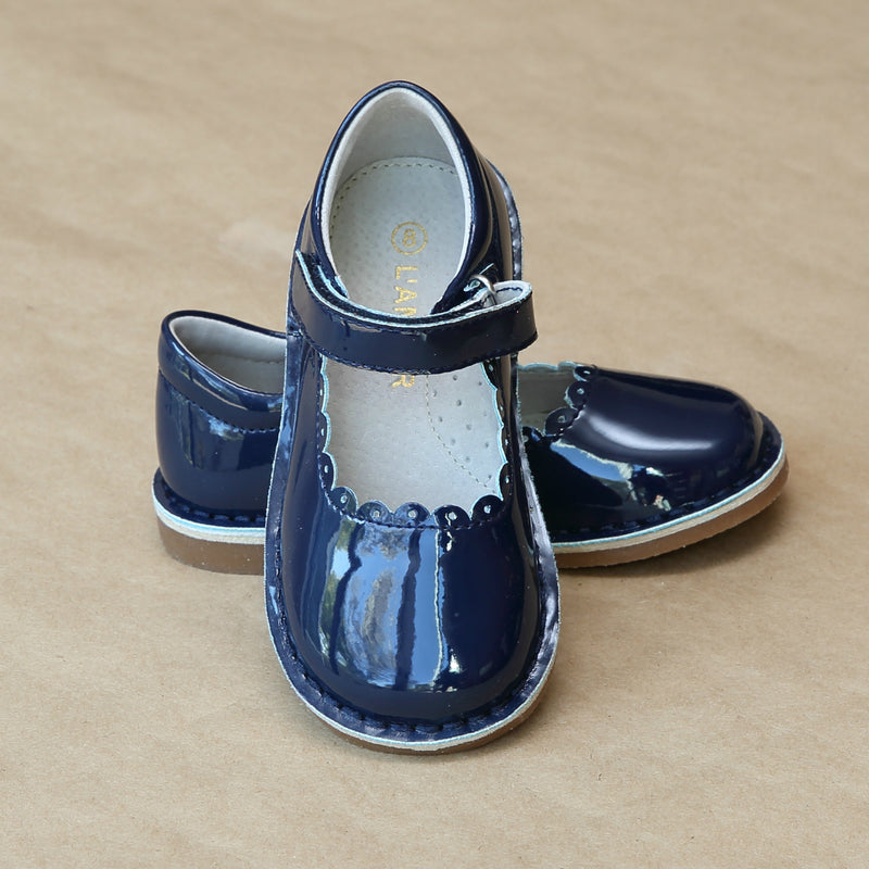 Girls Patent Navy T-Strap Scalloped Stitch Down Mary Jane by L'Amour Shoes - Petitfoot.com