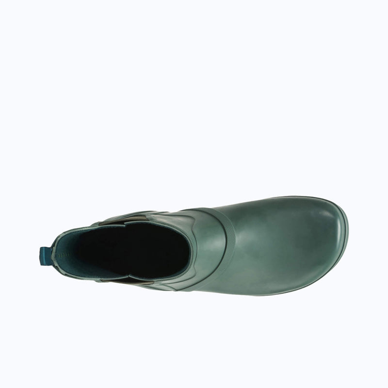 Top View of Xero Shoes Women's Gracie Barefoot Rain Boot in Green with Toe Facing Right