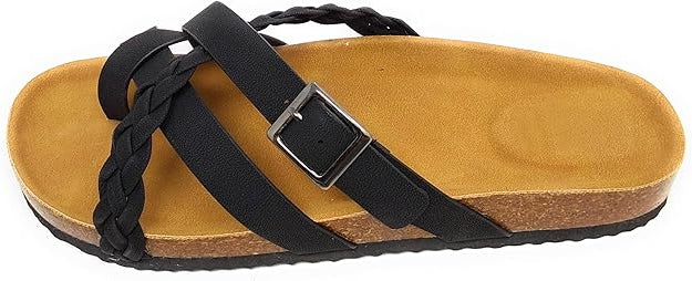 Sandal with black strap and buckle on a beige sole