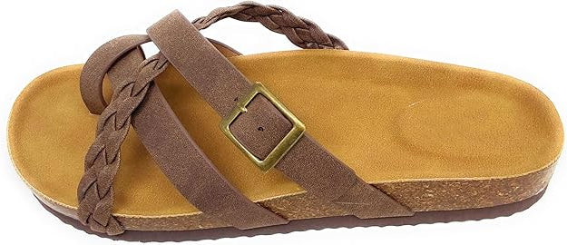 Brown sandal with a braided strap and buckle on a white background
