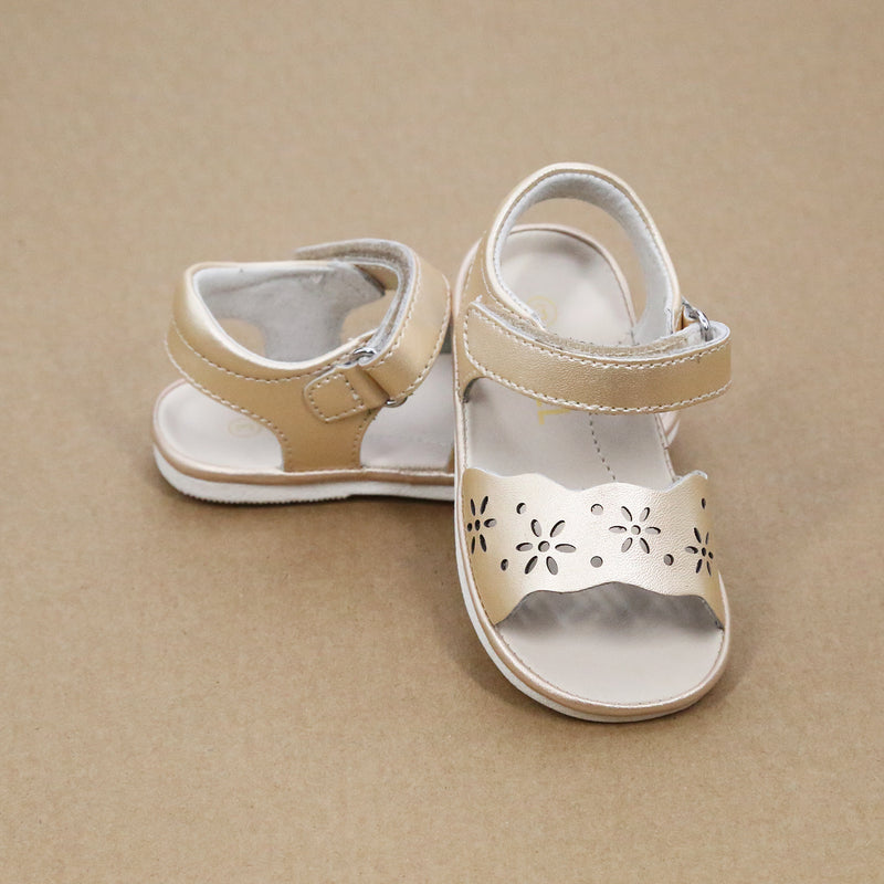 Angel Baby Shoes Hanna Girls Floral Open Toe Leather Sandal - Champagne